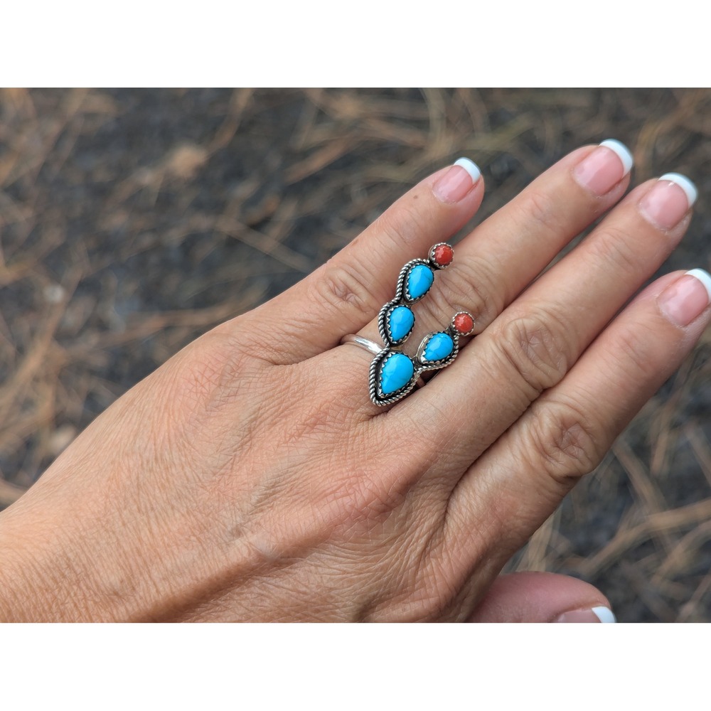 Navajo Turquoise Coral Cactus Ring Handmade Native Am Jewelry Size 9US**